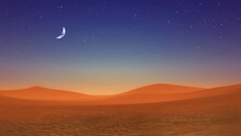 Peaceful Sandy Desert Landscape With Half Moon And Stars In Clear Night Sky Above Massive Sand Dunes. With No People Minimalist Concept 3D Illustration From My 3D Rendering File.
