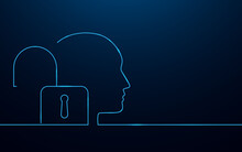 Opening Mind. Unlock Your Brain. Human Head With Unlock Icon In Simple Blue Lines Design. Vector Illustration