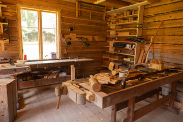 vintage woodworking tools in wood room. Carpentry. carpenter's workbench