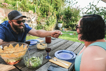 Couple enjoy dinner outdoor - Summer vacation, weekend activities and plus size bodys