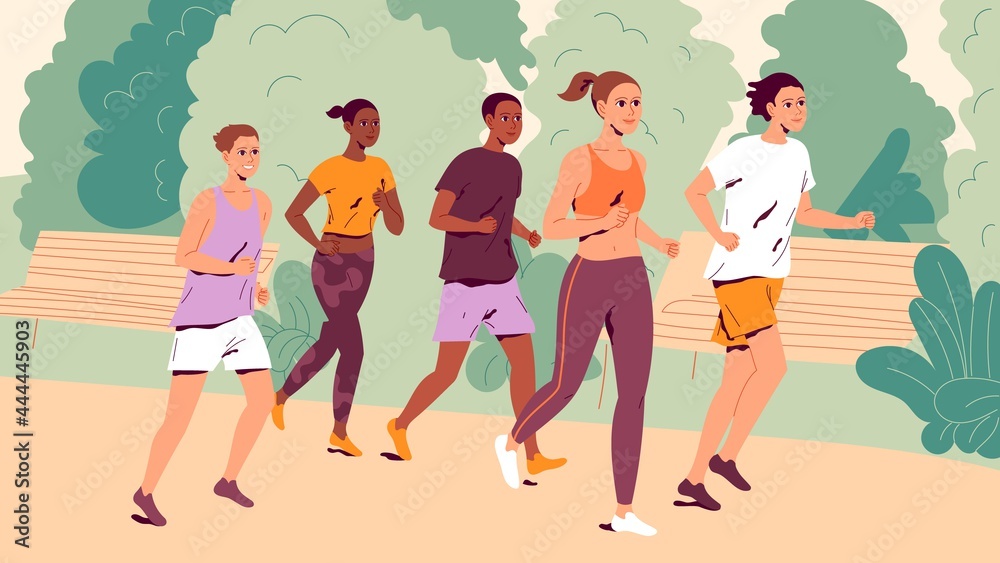 People running outdoors. Group of young men and women jogging - obrazy, fototapety, plakaty 