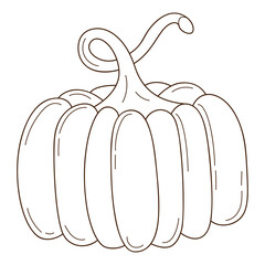 Sticker - A whole pumpkin. A symbol of autumn, harvest. Design element with outline. Doodle, hand-drawn. vegetable, melon plant. Black white vector illustration. Isolated on a white background