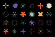 Brutalism Stars. Minimalistic Geometric Flowers With Petals And Stats. Contemporary Forms. Isolated Floral Elements Silhouettes. Abstract Contour Crosses. Vector Graphic Shapes Set