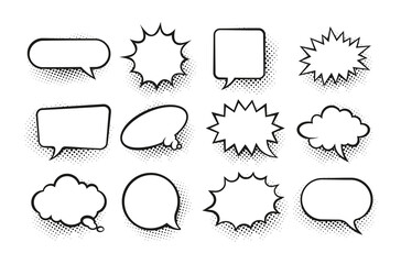 Aufkleber - Comic speech bubble. Cartoon retro surprise dialog frames. Blank sketch form for pow, splash and boom text effects. Isolated chat balloons template. Vector black and white stickers set