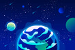 Planet earth in space. Night blue background with planets and stars. Vector cartoon illustration. EPS 10 