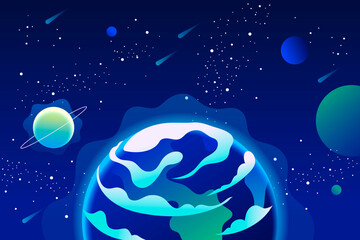 Wall Mural - planet earth in space. night blue background with planets and stars. vector cartoon illustration. ep