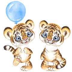 Cartoon tiger cubs watercolor baby illustration, tiger cub with balloon, two tigers, cute baby animals 