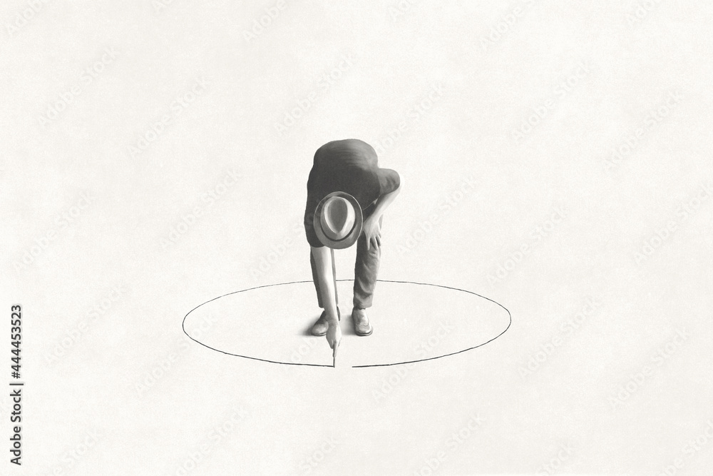 man drawing black circle 
around him with chalk, loneliness concept - obrazy, fototapety, plakaty 