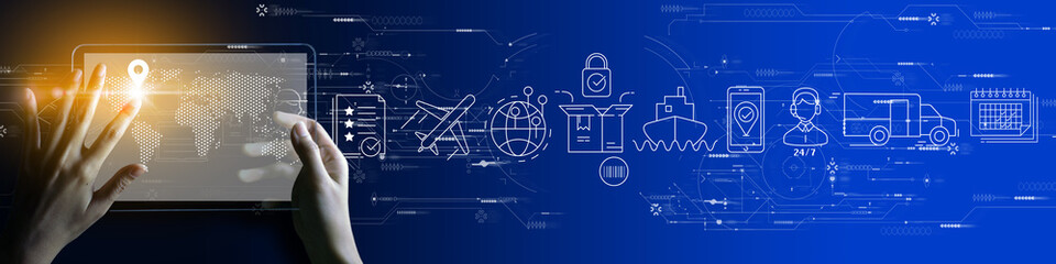 Leinwandbilder - Businesswoman hand using Digital tablet computer of global logistics network distribution and transportation Ui, Smart logistics, Innovation future of transport on blue background.