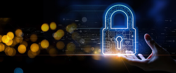 Leinwandbilder - bisinessman hand touching Cyber Security Business technology Antivirus Alert Protection Security and Cyber Security Firewall Cybersecurity and information technology