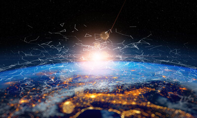 Poster - Communication technology for internet business. Global world network and telecommunication on earth cryptocurrency and blockchain and IoT. Elements of this image furnished by NASA