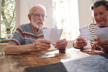 Poster - Man wearing glasses attentively looking at the photos while sitting