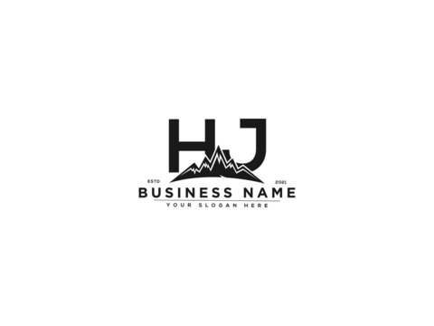 Letter HJ Logo, line art hj mountain logo icon vector for river forest hill landscape typography image design