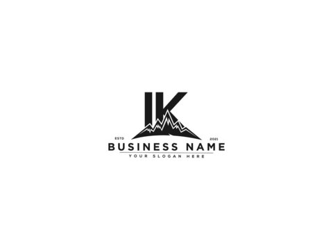 Letter IK Logo, line art ik mountain logo icon vector for river forest hill landscape typography image design