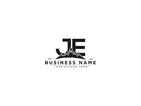 Letter JE Logo, line art je mountain logo icon vector for river forest hill landscape typography image design