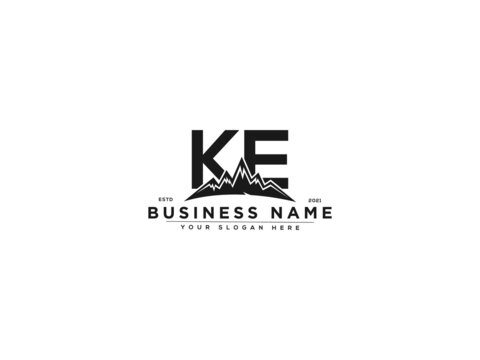 Letter KE Logo, line art ke mountain logo icon vector for river forest hill landscape typography image design