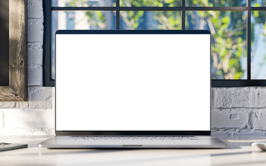 Poster - Laptop with the blank screen on the office table. Loft style