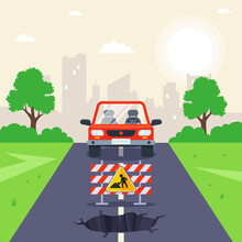Hole In The Road. Repair Work On The Track. Flat Vector Illustration.