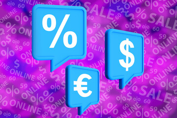 Poster - Online shopping. Background on topic of internet marketing. Purple background with shopping symbols. Shopping texture. Online marketing pattern. Sale in internet. 3d rendering. Sale background