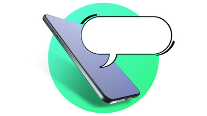 Poster - Smartphone with dialogue bubble. Dialogue cloud near phone. Copy space next to phone. Smartphone mockup with copy space. Smartphone mockup on white background. 3d visualization.