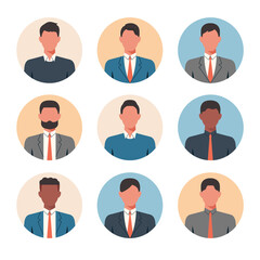 Wall Mural - People portraits of businessmen, male faces avatars isolated at round icons set, vector flat illustration