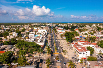 Wall Mural - Aerial view of the Tulum town from above. Small Mexican village near Cancun.