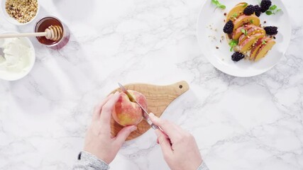 Poster - Flat lay. Step by step. Slicing organic peach to make a ricotta and peach toast on ciabatta bread.