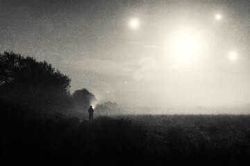 a moody science fiction concept, of a figure standing in a field with ufo lights glowing in the sky.