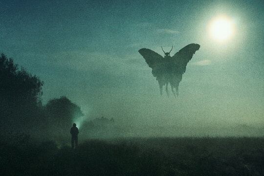 a horror concept. of a man looking at a mysterious monster mothman figure, flying in the sky. silhou