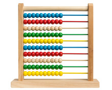 Abacus With Colored Beads. Abacus With Colorful Wooden Beads On White Isolated Background. Beads Of 1 To 10 Colors. School Education. Calculator For Preschool Maths. Blue, Red, Green, Yellow Colors.