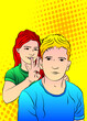 Woman pulling on her boyfriend's ears. Fun or punishment concept. Caucasian funny man with face expression. Comic book style vector illustration.