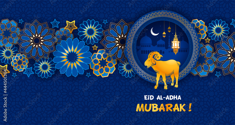 Eid Mubarak celebration Greeting card. Festive design for Muslim festival Eid Al Adha with goat, silhouette of mosque, lanterns and crescent on night blue background. Vector illustration. - obrazy, fototapety, plakaty 