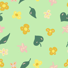 Wall Mural - flowers, leaves and doodle dashes seamless pattern in trending color 2021. vector hand drawn minimalism simple. wallpaper, textiles, wrapping paper. gold, yellow, green. child.