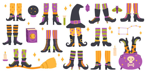 Wall Mural - Halloween witch legs. Funny witch legs in striped socks and boots, witchcraft cauldron and hat vector symbols set. Scary halloween witch legs