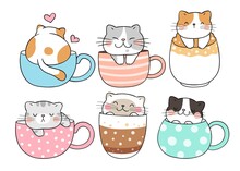 Draw Collection Cat Sleeping In Cup Of Coffee Doodle Cartoon Style