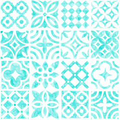 Wall Mural - Seamless moroccan pattern. Square vintage tile. Aquamarine and white watercolor ornament painted with paint on paper. Handmade. Print for textiles. Set grunge texture.