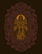 Illustration Praying Angel With Vintage Engraving Ornament Style