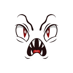 Wall Mural - Monster face isolated vector icon, cartoon emoji of angry demon, Halloween spooky creature emotion. Roaring devil with sharp fangs and red creepy eyes isolated on white background