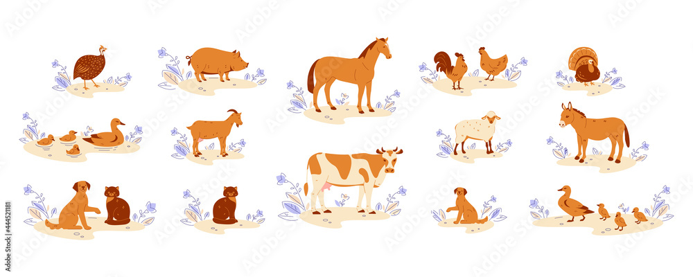Farm animals set. Horse cow goat duck with ducklings chicken with ...