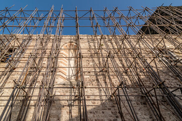 The safety works of the Church of Sant'Agostino, almost completely destroyed by the 2016 earthquake, Norcia, Italy