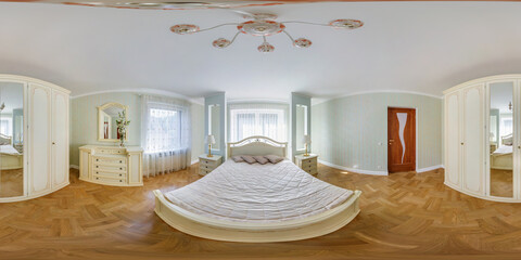  full seamless hdri panorama 360 view in white bedroom with mirror in equirectangular spherical projection, skybox VR AR content