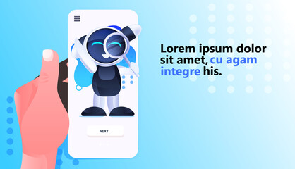 Poster - cute robot holding magnifying glass on smartphone screen data search artificial intelligence concept
