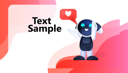 Poster - cute robot cyborg with social media like icon modern robotic character artificial intelligence technology concept