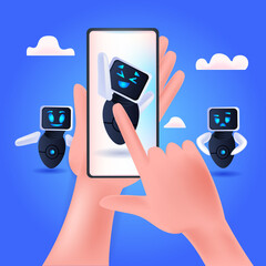 Poster - cute robot cyborg on smartphone screen modern robotic character waving hand artificial intelligence technology