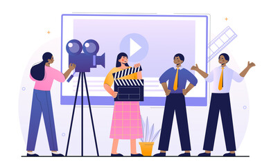 Male and female characters working in video production. Cameraman with camera shooting film. Concept of video content production industry with actors and film crew. Flat cartoon vector illustration