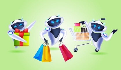 Poster - set robots holding shopping bags and gifts special offer shopping sale artificial intelligence concept