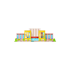 Wall Mural - Cinema building icon, movie theater entrance exterior and front facade, vector. Modern cinema, city theatre with premiere signage and movie posters, entertainment show hall, urban architecture