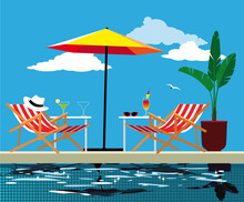 Poolside Aria With Two Striped Cabana Folding Chairs, Side Tables With Cocktails And An Umbrella, EPS 8 Vector Illustration, No Transparencies