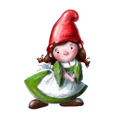 cute little gnome girl in red hat hand drawn illustration, watercolor pencils clipart