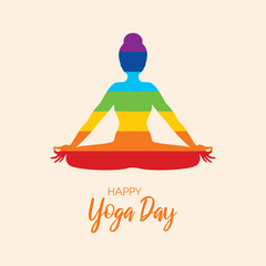 Wall Mural - International Yoga Day Poster with woman in yoga position silhouette vector. Meditating woman with chakras icon vector. June 21, Important day